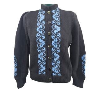 Vintage Wool Knit Cardigan Sweater Black Blue Floral Aran Grannycore M *READ*